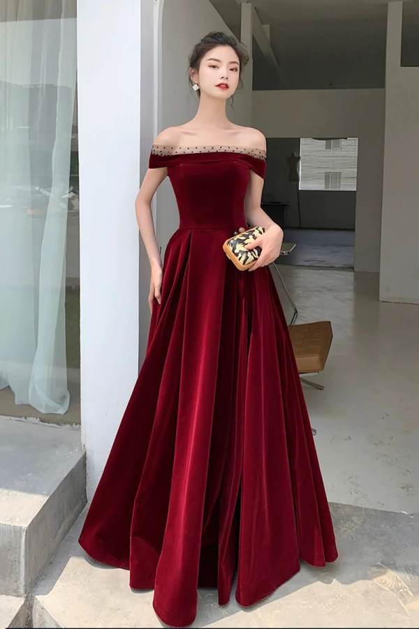 Burgundy Velvet Floor Length Prom Dress, Beautiful A Line Evening Party Dress KPP1777