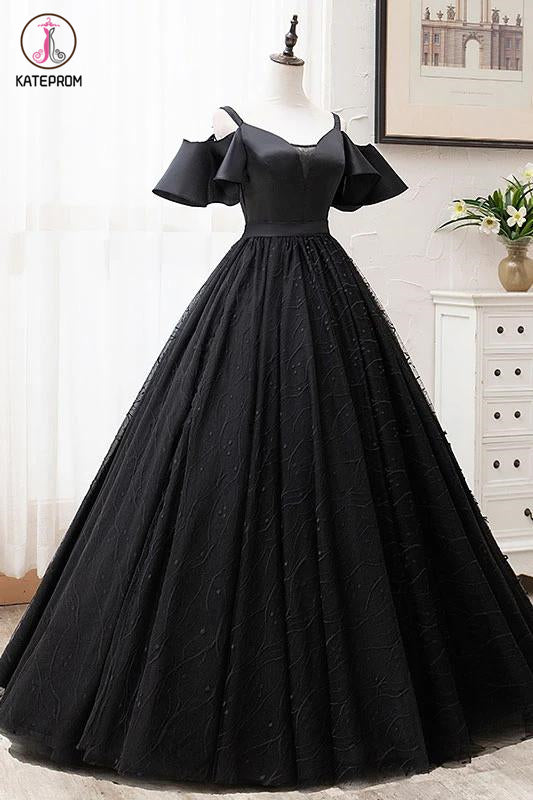 Black Ball Gown Short Sleeves Long Prom Dresses, Floor Length Straps Formal Dresses KPP1279