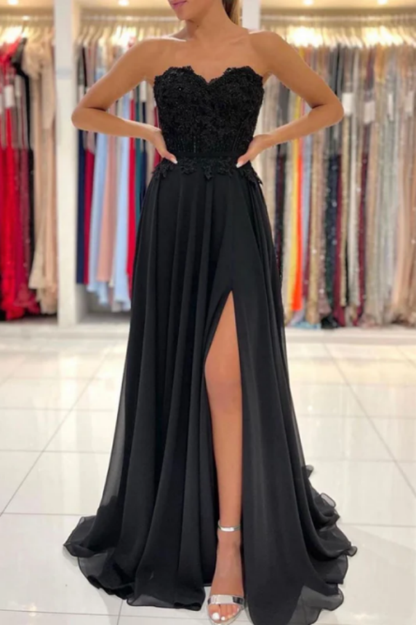 Strapless Sweetheart Neck Prom Gown with High Slit Black Prom Dress KPP1664