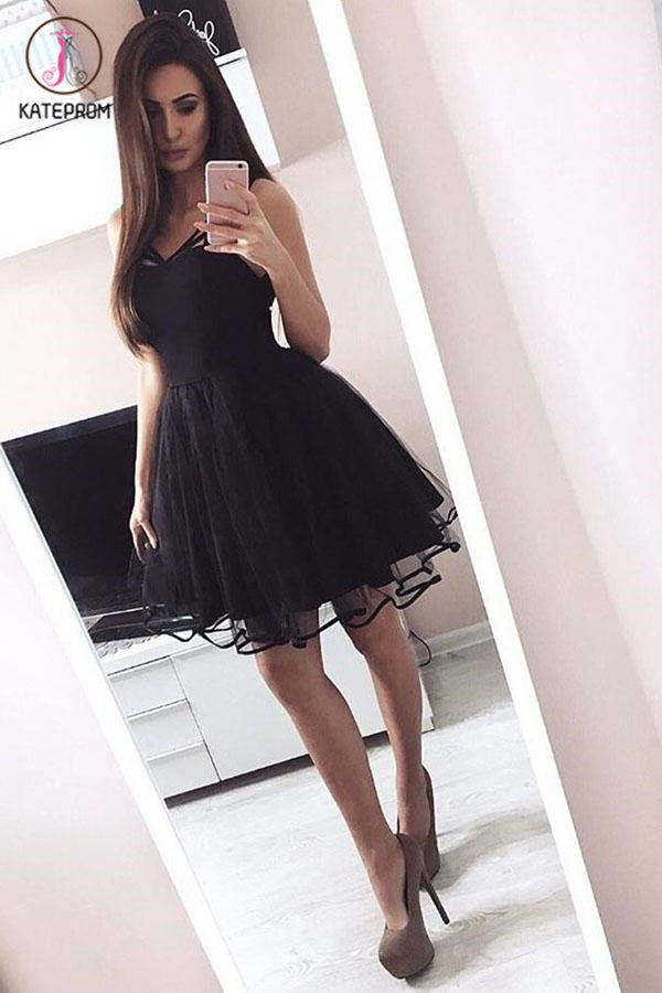 A-Line V-Neck Above-Knee Black Homecoming Dress, Black Tulle Cocktail Dress KPH0391