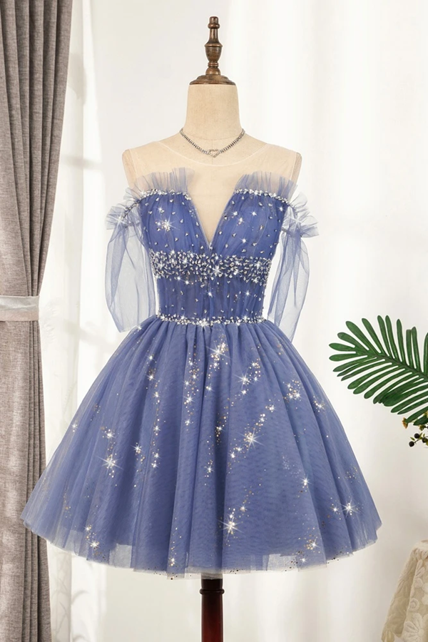 Flowy Cute A line Blue Homecoming Dresses Short Beading Prom Dress KPH0553