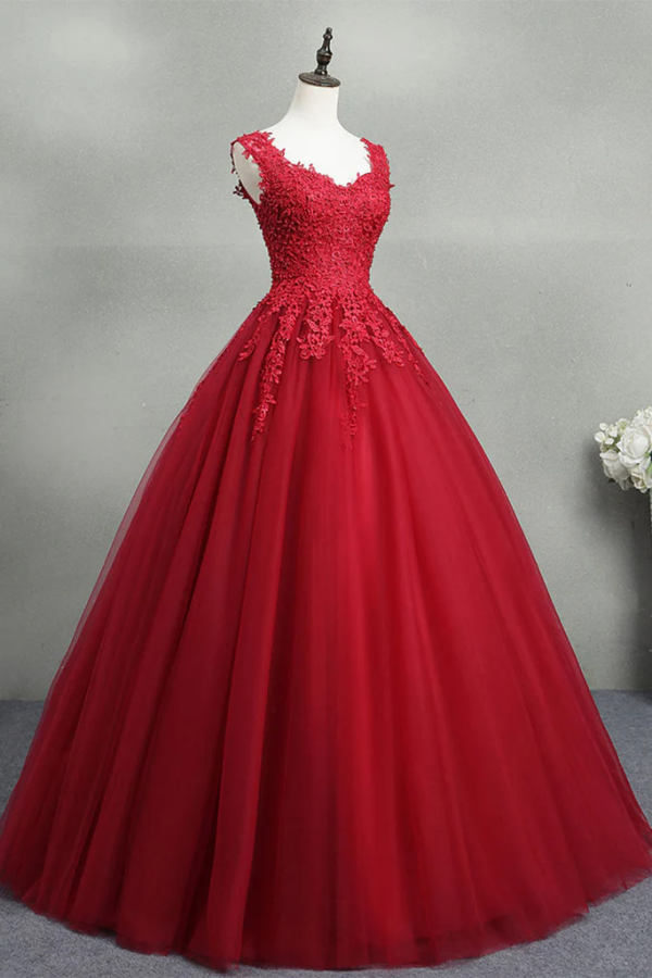 Open Back Red Lace Long Prom Dress, Red Lace Formal Evening Dress, Red Ball Gown KPP1711