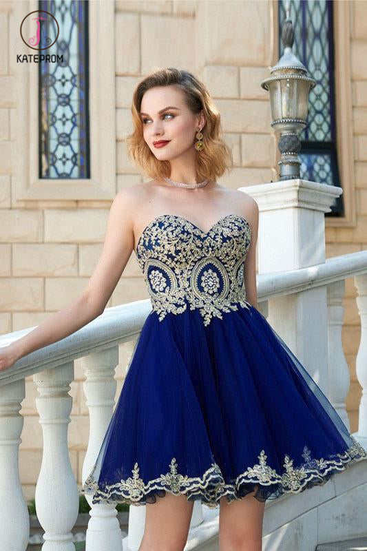 Royal Blue Princess Sweetheart Sleeveless Applique Mini Tulle Homecoming Dresses KPH0280