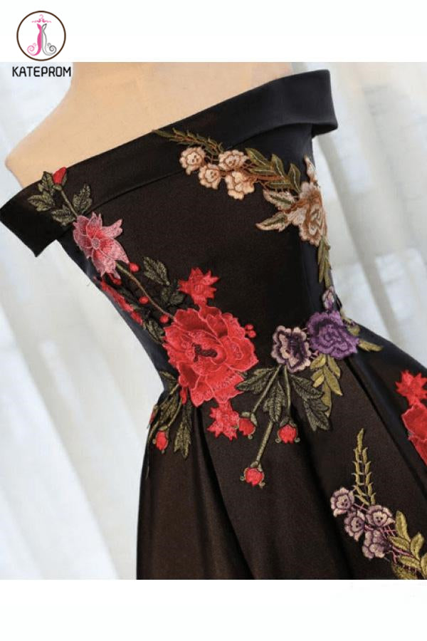 A Line Off Shoulder Black Ankle Length Satin Prom Dresses with Appliques KPH0417