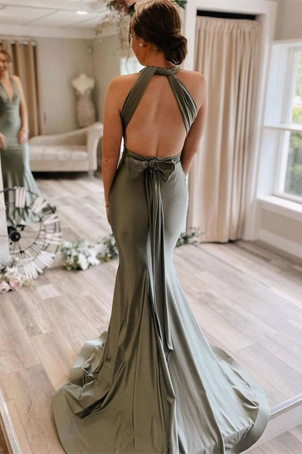 Gray Green Satin Mermaid Bridesmaid Dresses With Sweep Train KPB0202