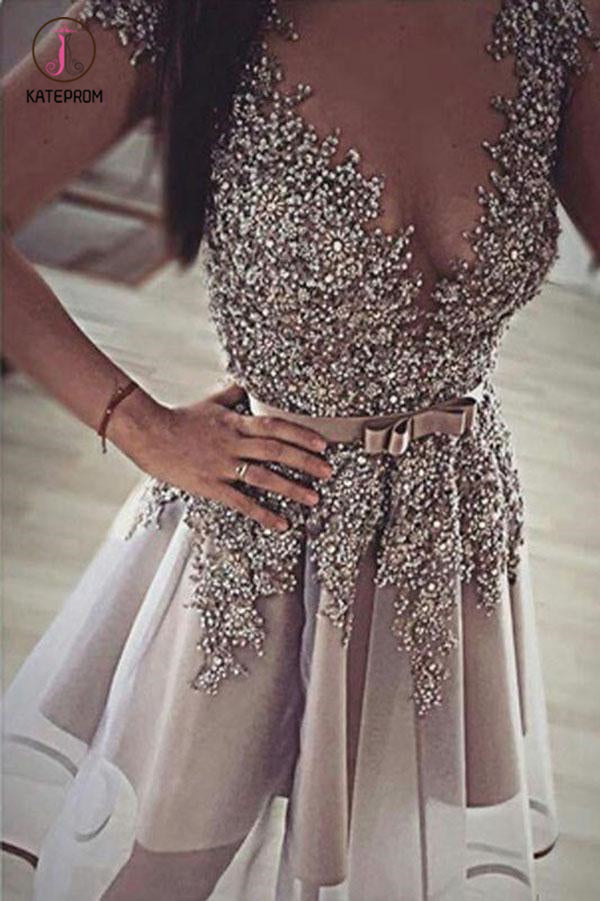 Short Cap Sleeves Sheer Neck Beading Homecoming Dress, Short Prom Dress KPH0319