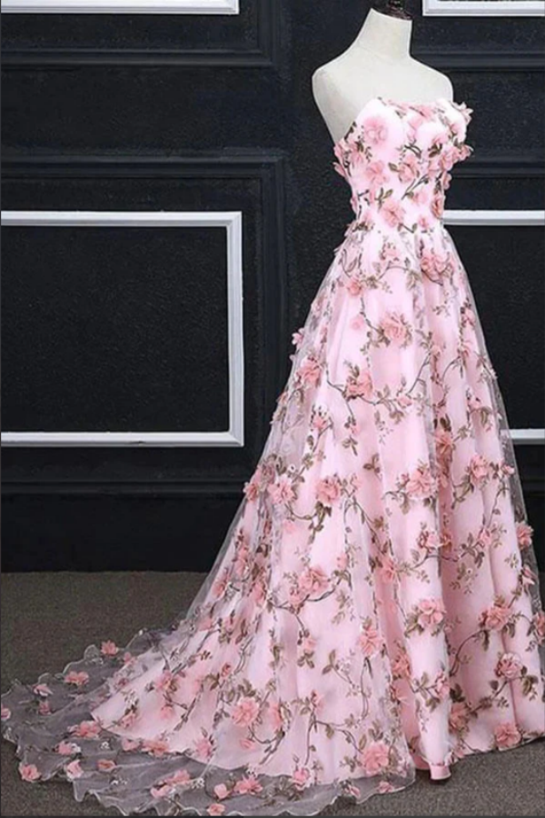 Pink Flower Appliques Strapless A line Long Prom Dresses, Evening Gowns KPP1651