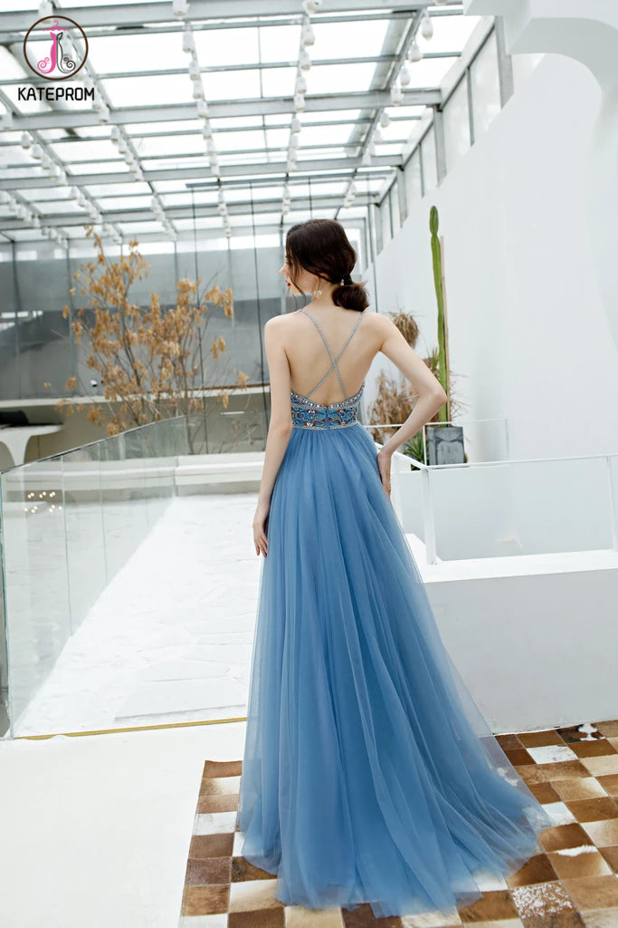 Sexy Spaghetti Straps Long Tulle Prom Gown, Unique Beading Prom Dress KPP1297