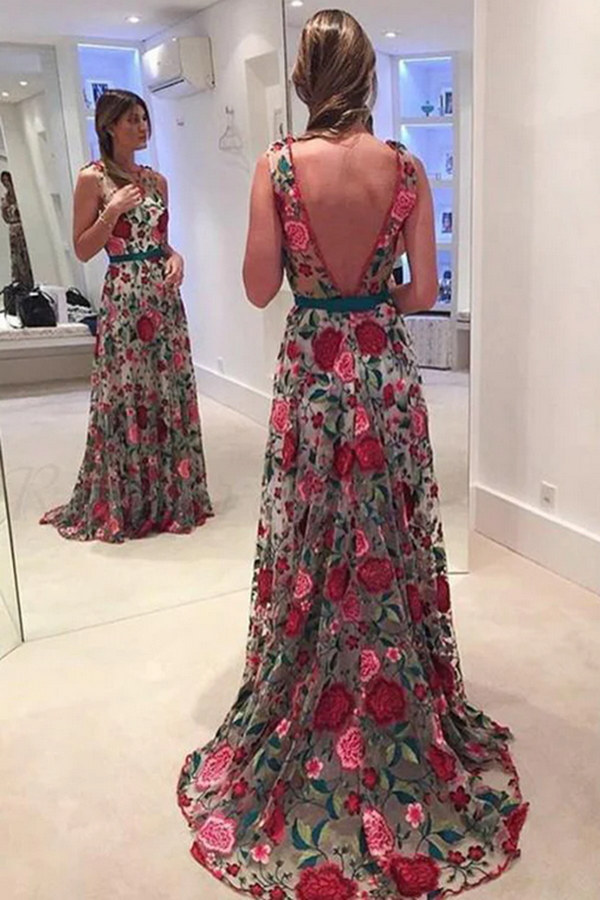 Fabulous Scoop A line Lace Rose Floral Embroidery Long Prom Dresses KPP1629