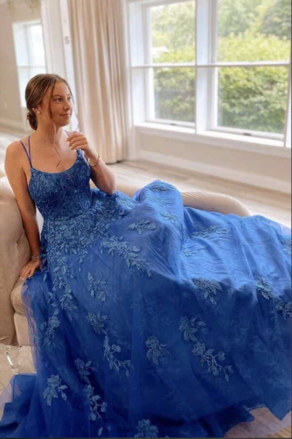 Blue Tulle Lace A line Scoop Lace Up Long Prom Dresses, Evening Gown KPP1549