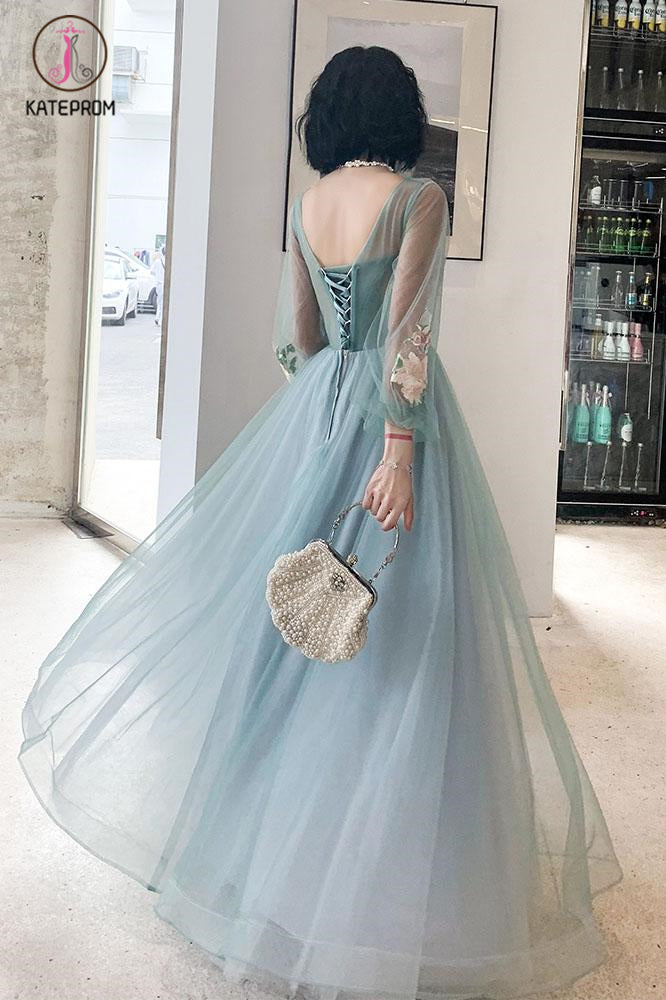 Elegant Long Sleeves Appliqued Tulle Prom Dress, Floor Length Appliques Evening Dress KPP1078