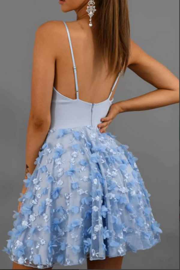 Light Blue Lace Spaghetti Straps Homecoming Dresses, Short Prom Dresses KPH0651