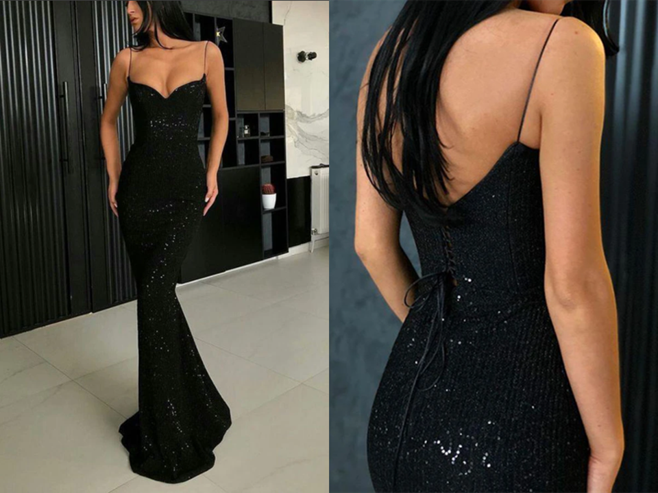 Sparkle Black Mermaid V neck Spaghetti Strapes Sequins Long Prom Dresses KPP1410