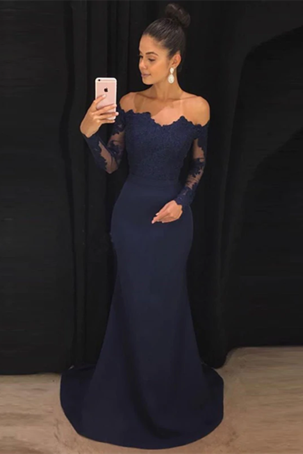 Mermaid Off Shoulder Sweep Train Jersey Appliqued Prom Dress KPP1530