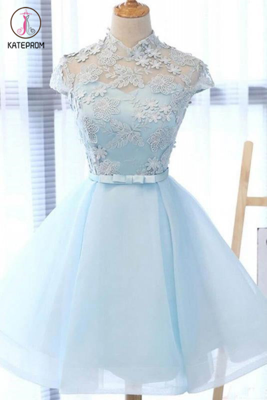 A Line High Neck Cap Sleeves Organza Homecoming Dresses with Bowknot KPH0419