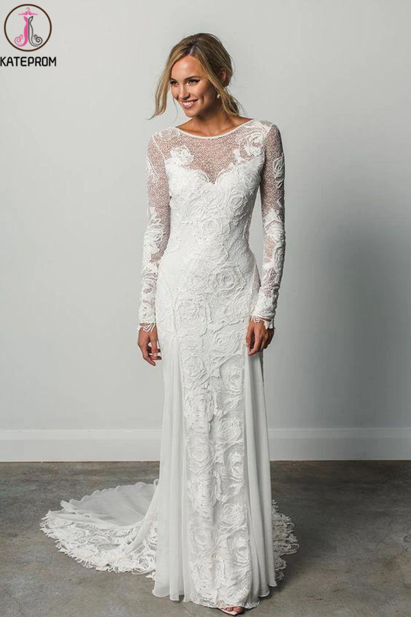 Sheath A Line Long Sleeves Ivory Rustic Lace Backless Scoop Neck Beach Wedding Dresses KPW0612