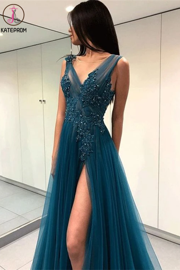 A-line Prom Dresses Deep V Blue Tulle Modest Long Prom Dress KPP1333