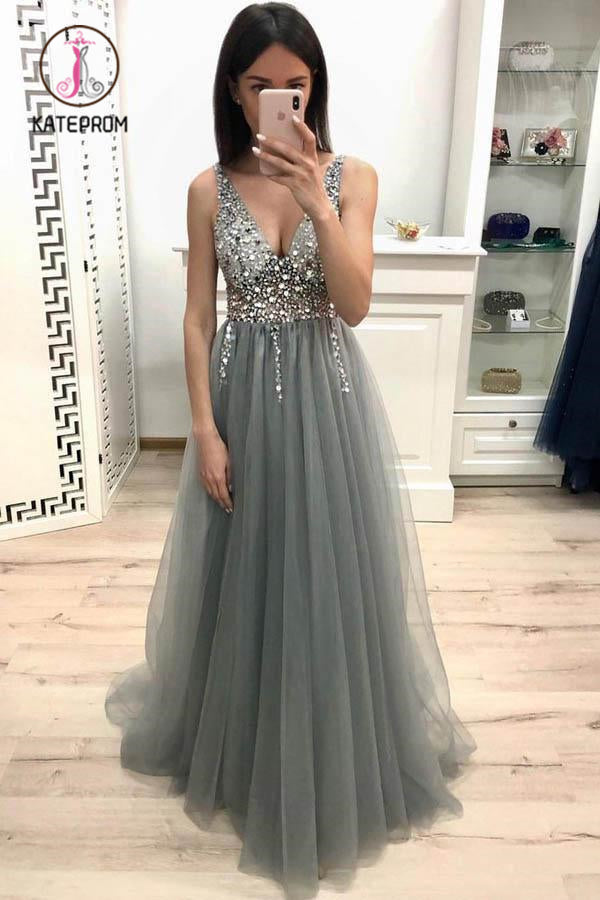 A Line V Neck Sleeveless Tulle Prom Dress with Sequins and Beading, Sparkly Formal Dress KPP0897