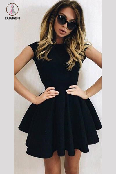 A-Line Scoop Backless Short Sleeves Black Ruched Homecoming Dress,Cocktail Dress KPH0267