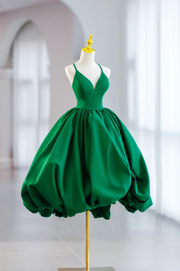 Green Satin Short A Line Prom Dress, Green V Neck Party Dress KPH0712