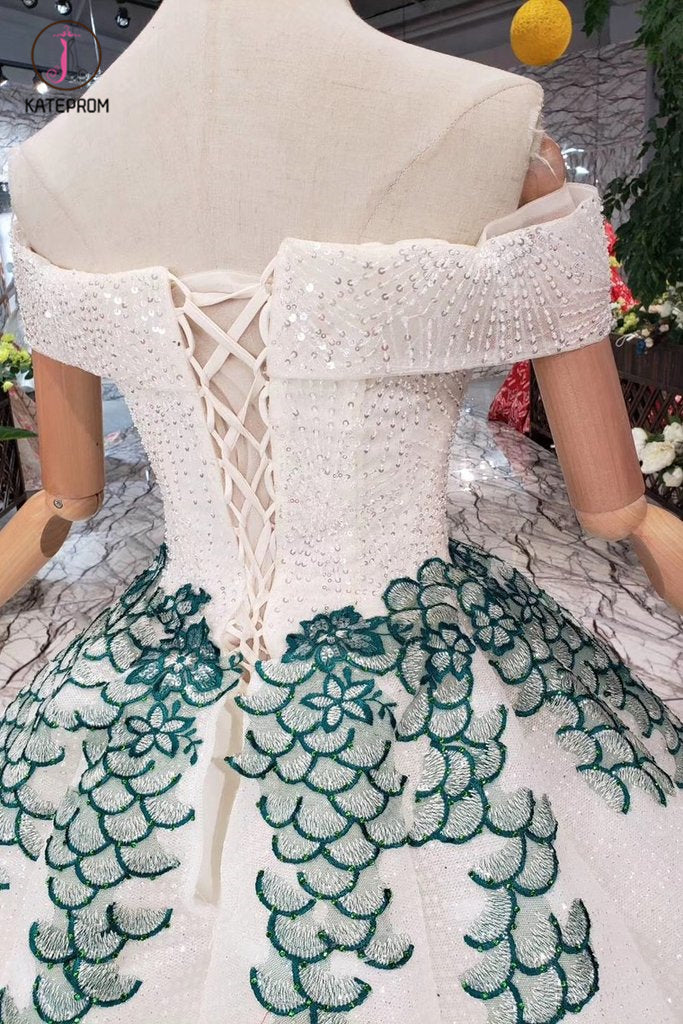 New Arrival Ball Gown Off the Shoulder Prom Dress with Green Appliques, Quinceanera Dress KPP0861