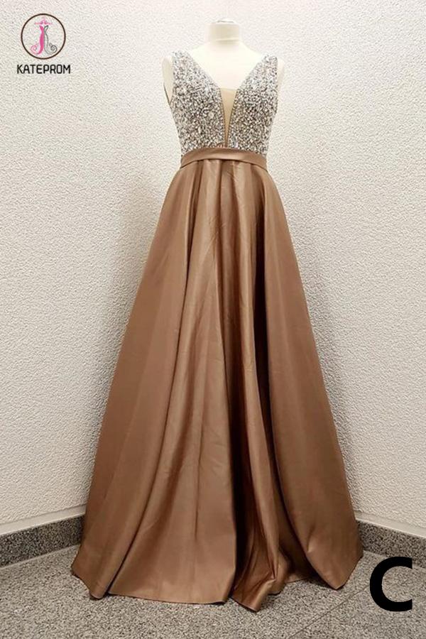 A Line Satin Prom Dress with Beading Sequins, Sparkly V Neck Evening Dresses KPP0768