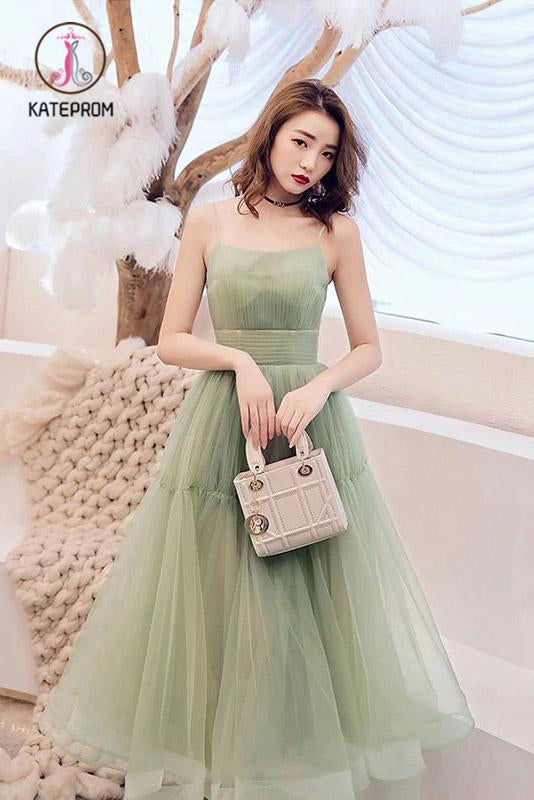 Simple Green Tulle Spaghetti Strap Sleeveless Pleated Prom Dresses, A Line Party Dress KPP1001