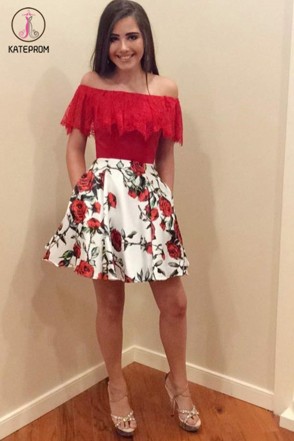 A Line Off the Shoulder Boho Style Floral Print Homecoming Dress with Pockets and Lace KPH0378