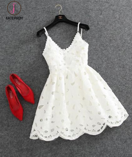 Cute Spaghetti Straps V Neck Black Lace Short Homecoming Dress,Mini Cocktail Dress KPH0272