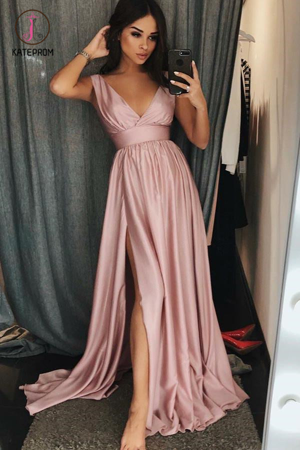 A-Line V-Neck Sleeves Pink Satin Prom/Evening Dress With Split KPP0969