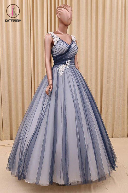 Ball Gown V Neck Dark Blue Tulle Prom Dress with Applique, Puffy Long Quinceanera Dress KPP0710
