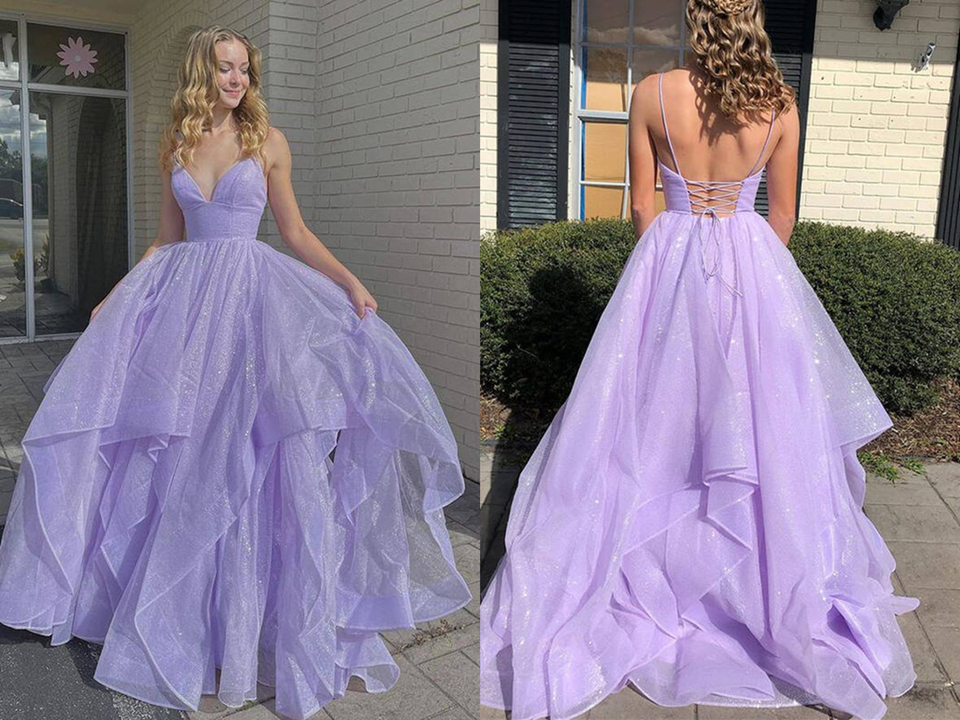 Shiny V Neck Fluffy Lavender Long Prom Dress, Spaghetti Straps Long Formal Evening Dress KPP1457