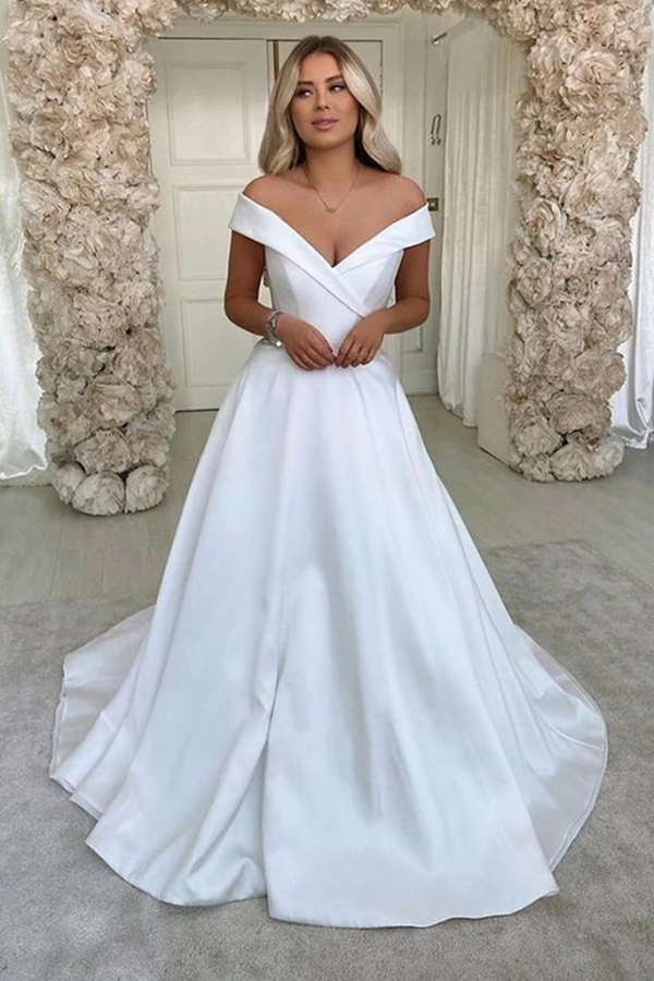 Off Shoulder White Satin Long Prom Dress, Off the Shoulder Formal Dress, White Evening Dress KPP1708