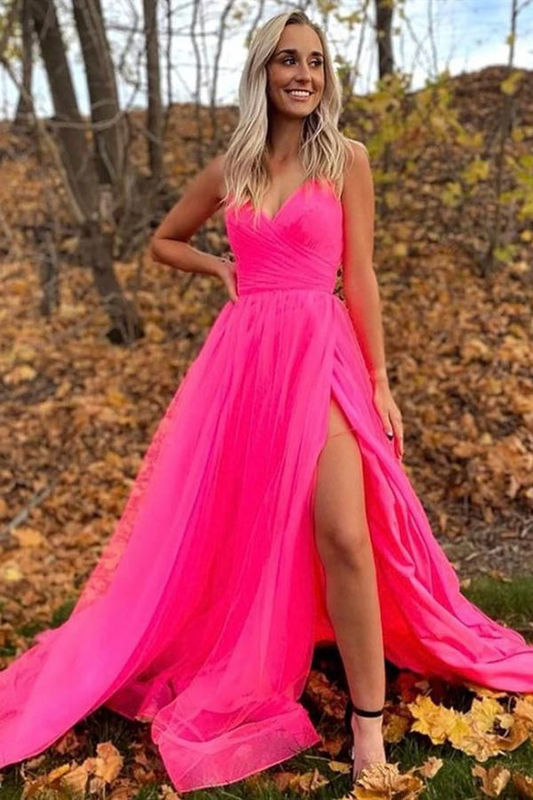 A Line V Neck Hot Pink Prom Dresses With Slit, Long Formal Evening Dresses KPP1447