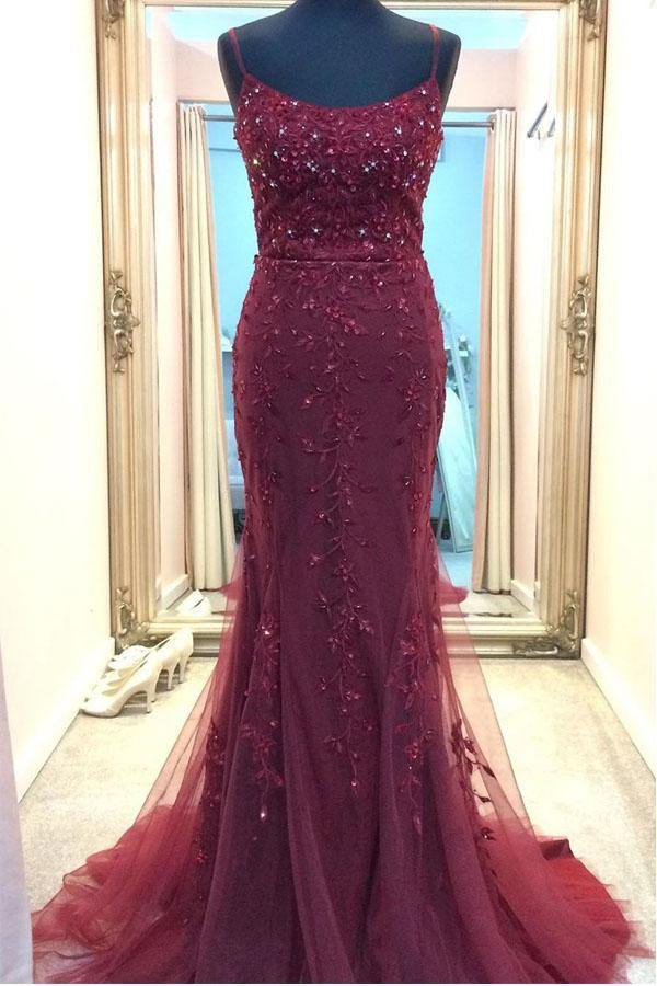 Septing - septing Straps Mermaid Burgundy Beaded Long Prom Dress Evening Dress KPP1630