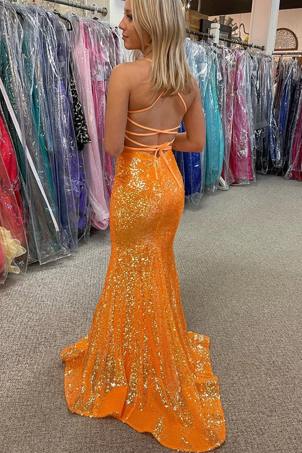 Sparkle Orange Sequin Mermaid Long Prom Formal Dress KPP1560