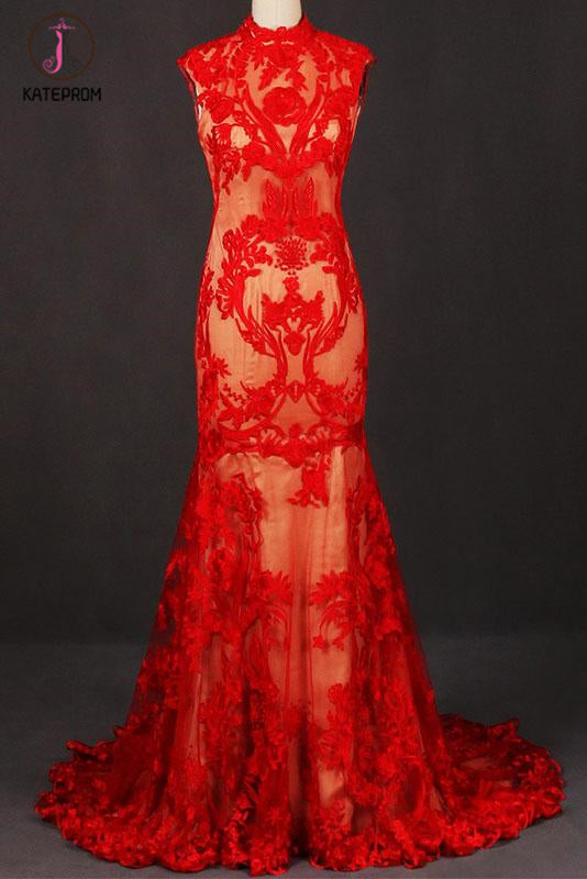 Red Sleeveless High Neck Sleeveless Evening Dress Lace Tulle Prom Dresses KPP1085