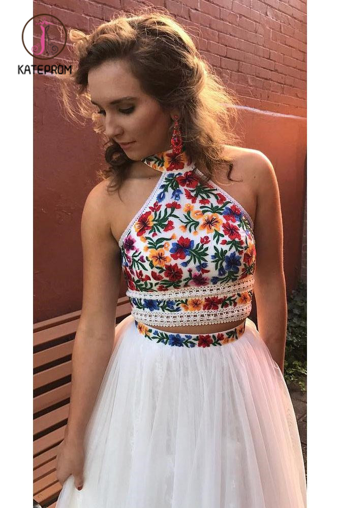 Two Piece High Neck Long Prom Dress with Appliques, Unique Sleeveless Party Dress KPP0911