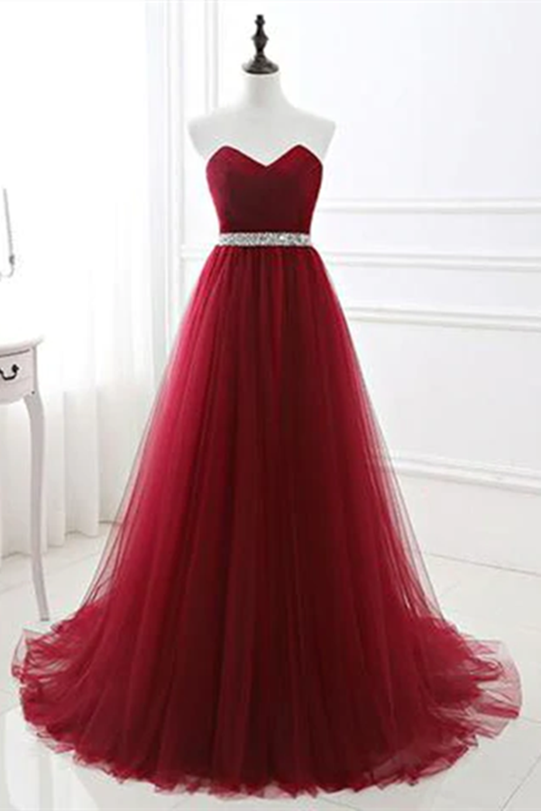 Chic A line Sweetheart Burgundy Tulle Simple Sleeveless Long Prom Dress Evening Dress KPP1559