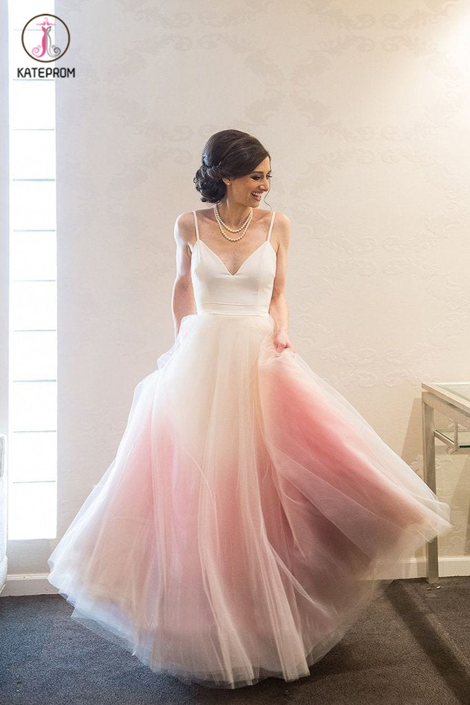 Pink Ombre Puffy Spaghetti Strap Long Prom Dresses, Chic Evening Dress with Belt KPP0833