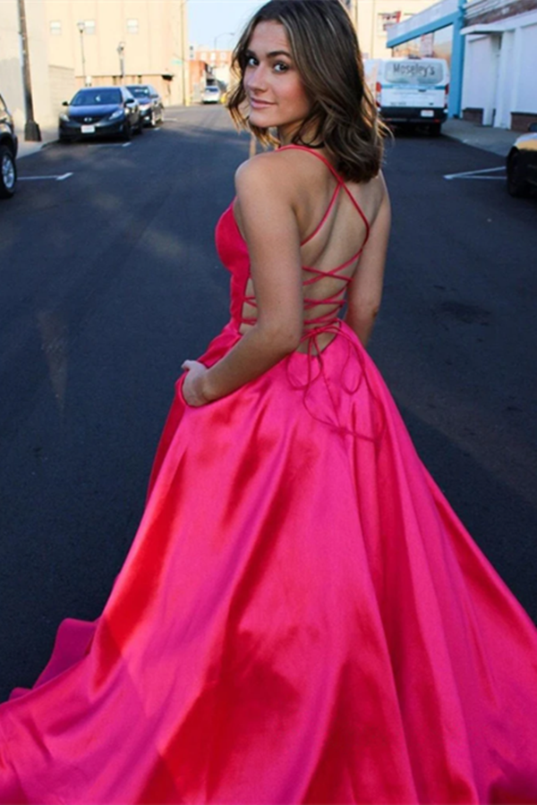 Cute A line Deep V neck Lace up Pink Satin Long Prom Dresses KPP1482