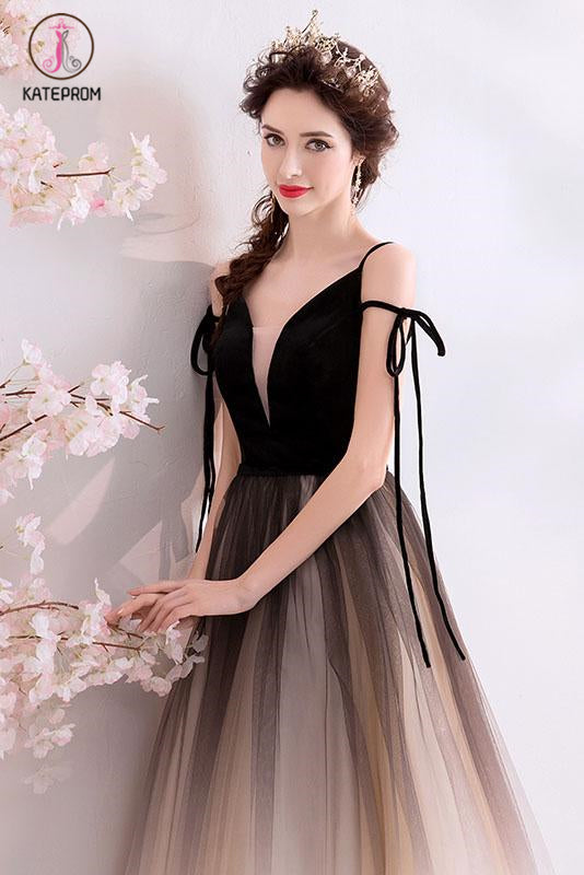 Black Deep V Neck Sleeveless Floor Length Tulle Ombre Prom Dress KPP1066