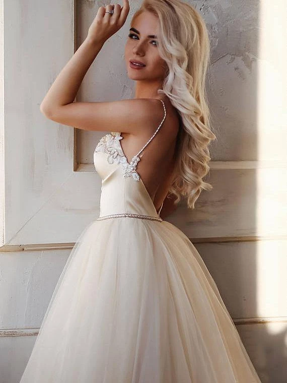 A Line Straps Floor Length Beading Wedding Dress Long Bridal Gown KPW0650