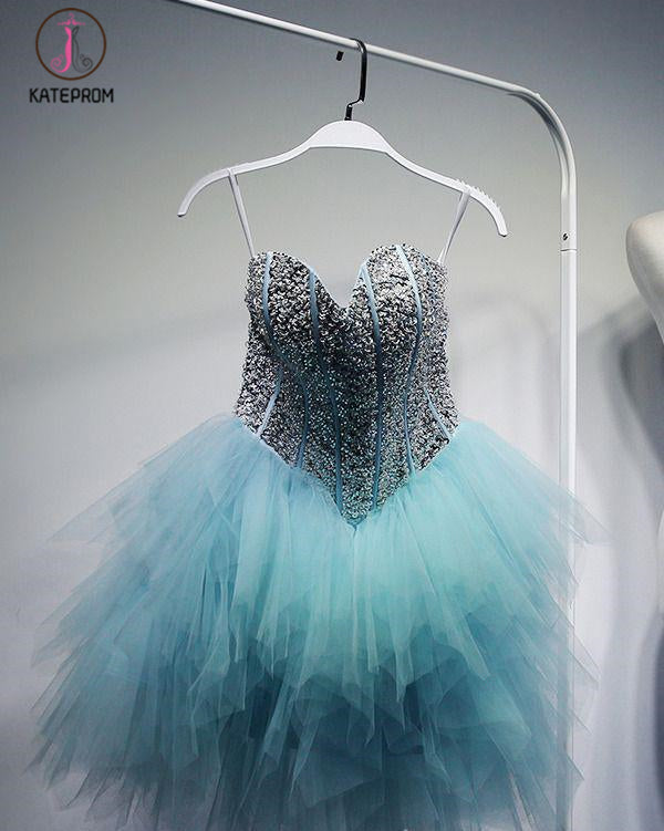 Pool Blue Sparkly Sweetheart Sequins Tulle Short Cocktail Dress, Mini Homecoming Dress KPH0290