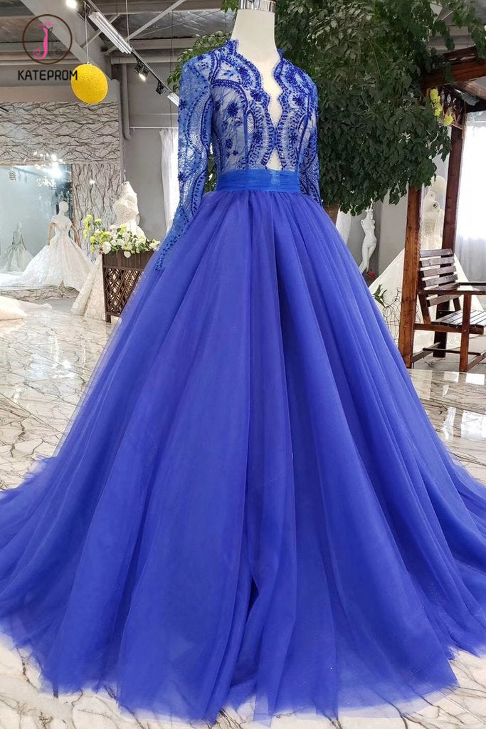 Royal Blue Long Sleeve Tulle Prom Dress with Lace, Long Party Dress with Beads KPP0860