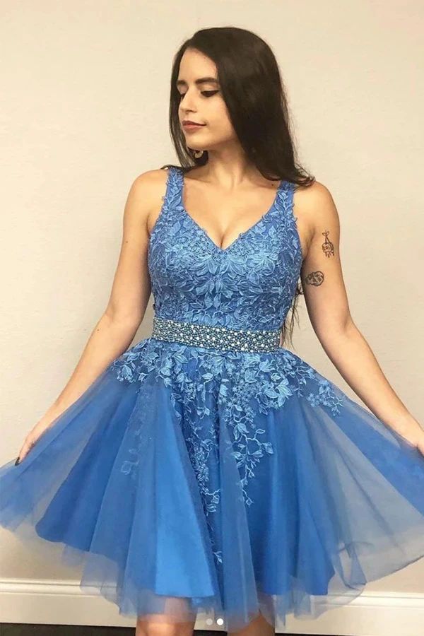 A line V neck Blue Short Prom Dress Homecoming Dress With Appliques KPH0551