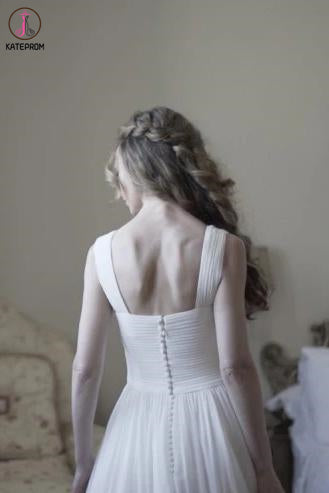 Fairy A-line V Neck Sleeveless Chiffon Beach Wedding Dresses With Button, Simple Bridal Dress KPW0584