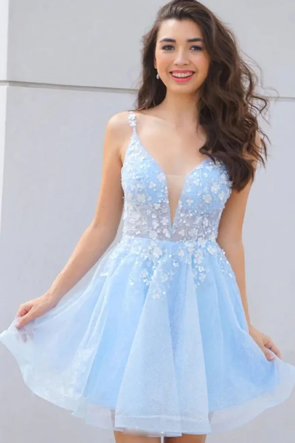 Cute V Neck Light Blue Lace Floral Short Prom Homecoming Dresses KPH0616