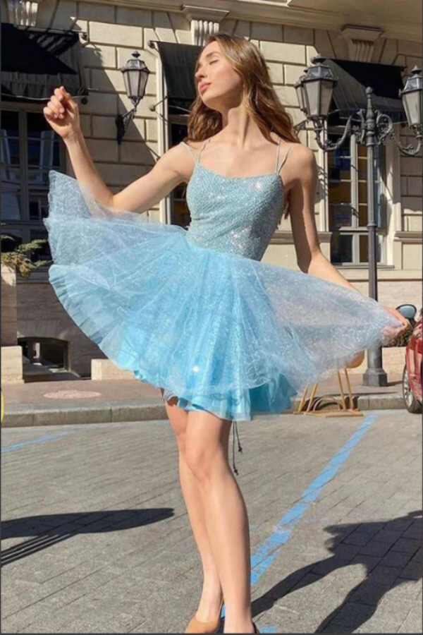 Shiny Sky Blue Tulle Sequins Homecoming Dresses, Short Prom Dresses KPH0650