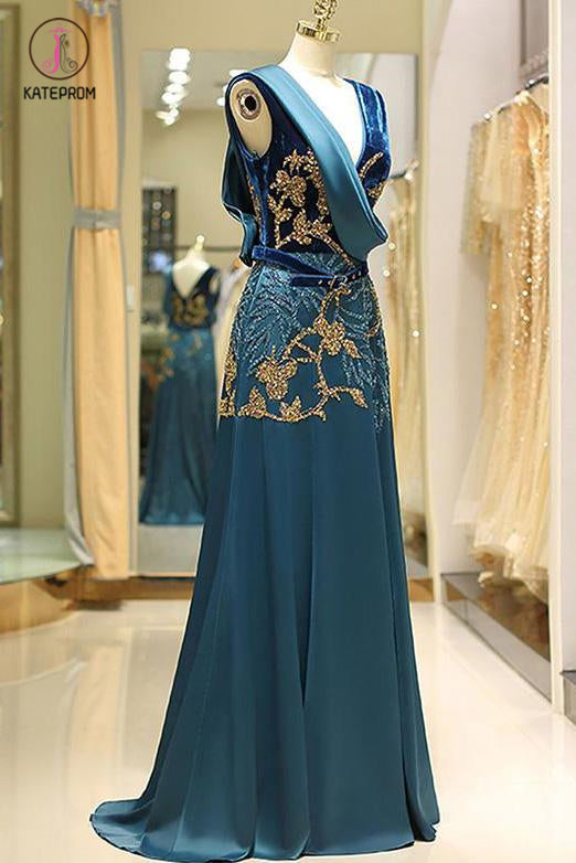 Sparkly V Neck Long Satin Prom Dress with Sequin Belt Beading Evening Dress KPP0721